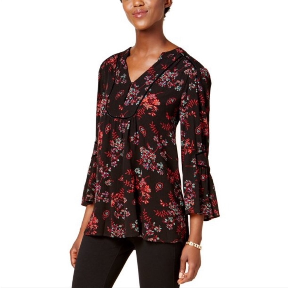 John Paul Richard Size Medium Black Paisley Split Neckline Embroidered Blouse